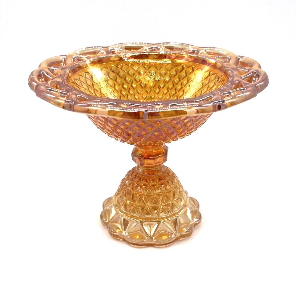 Vintage Imperial Glass Marigold Carnival Glass Diamond Point Pedestal Compote 5"